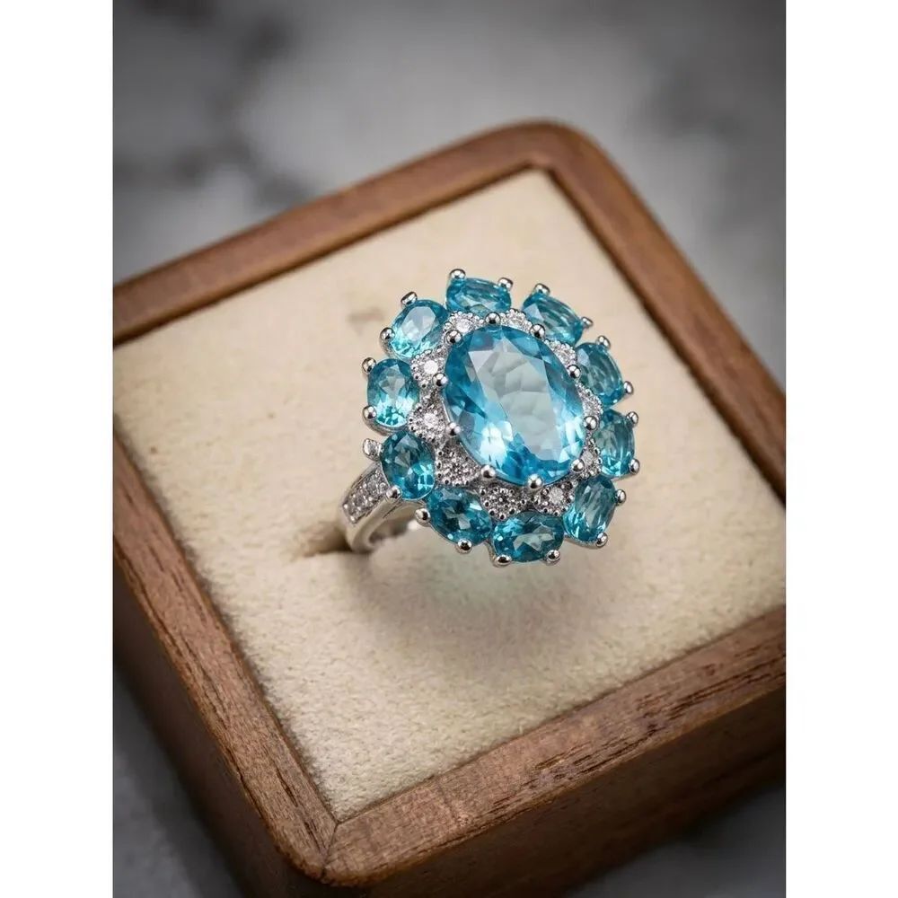 Blue Topaz Zircon Accent Statement Ring 925 Sterling Silver Oval Halo Size 7 New